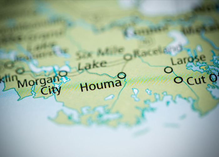 Map close-up of Houma, Louisiana region.